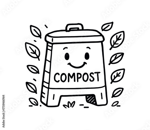 doodle illustration of smiling compost bin surrounded by leaves clean black and white line art with slightly hand drawn strokes simple and lively style on white background
