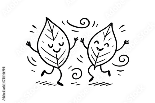 doodle illustration of two leaves dancing together the breeze clean black and white line art with slightly hand drawn strokes simple and lively style on white background