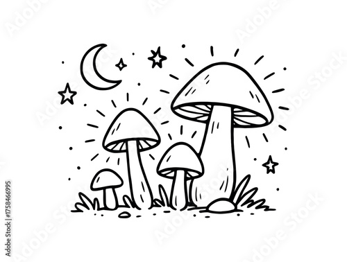 doodle illustration of mushrooms glowing softly the night clean black and white line art with slightly hand drawn strokes simple and lively style on white background