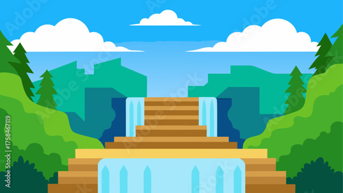 Illustration of a waterfall cascading down steps with trees and clouds in a scenic landscape view