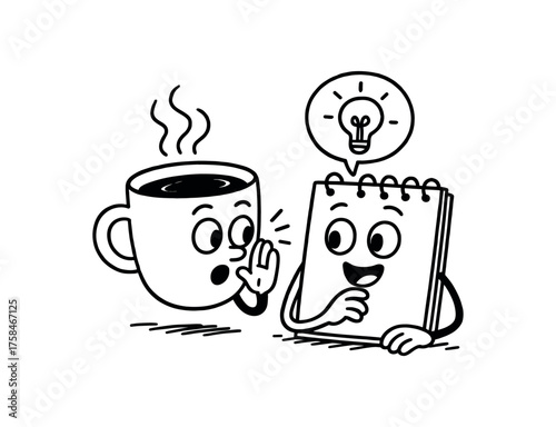 doodle illustration of coffee cup whispering ideas to sketchbook clean black and white line art with slightly hand drawn strokes simple and lively style on white background