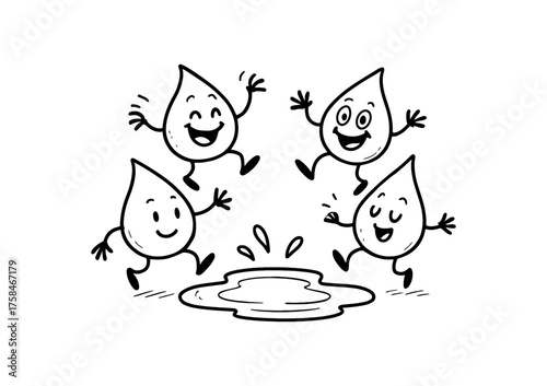 doodle illustration of raindrops dancing above small puddle clean black and white line art with slightly hand drawn strokes simple and lively style on white background