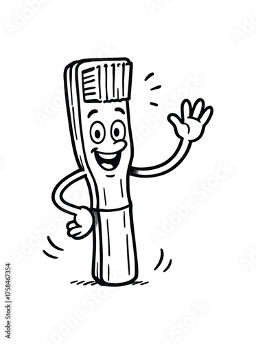 doodle illustration of bamboo toothbrush waving cheerfully clean black and white line art with slightly hand drawn strokes simple and lively style on white background
