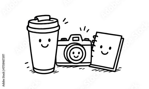 doodle illustration of travel mug smiling beside camera and notebook clean black and white line art with slightly hand drawn strokes simple and lively style on white background