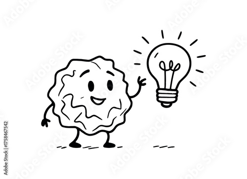 doodle illustration of crumpled paper getting new idea light bulb clean black and white line art with slightly hand drawn strokes simple and lively style on white background