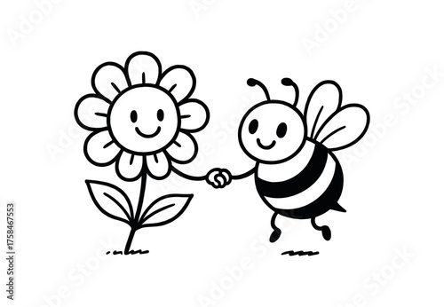 doodle illustration of flower holding hands with bee clean black and white line art with slightly hand drawn strokes simple and lively style on white background