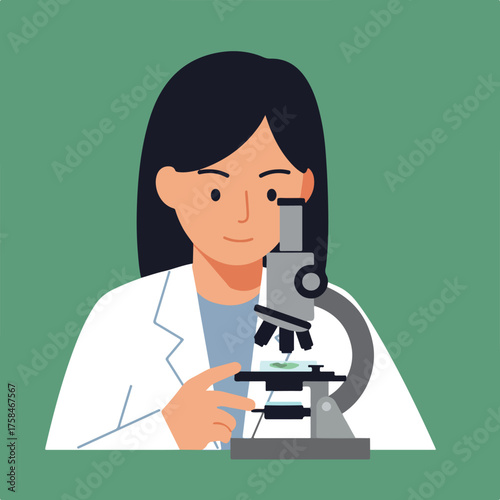 Person in lab coat examining specimen under microscope