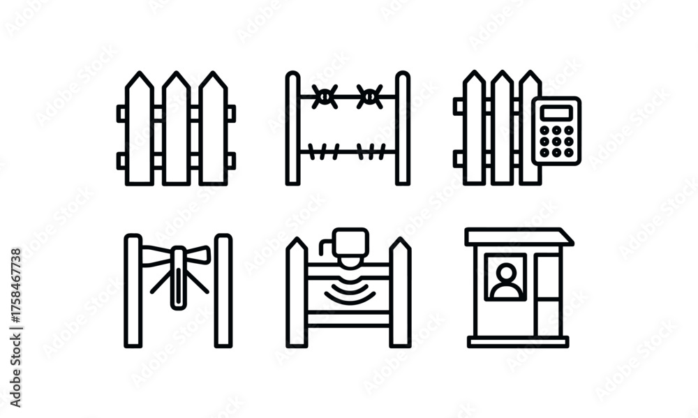Obraz premium simple outline stroke icon isolated on white background fence privacy slats fence barbed wire topper fence keypad lock fence pedestrian turnstile fence motion sensor fence guard booth
