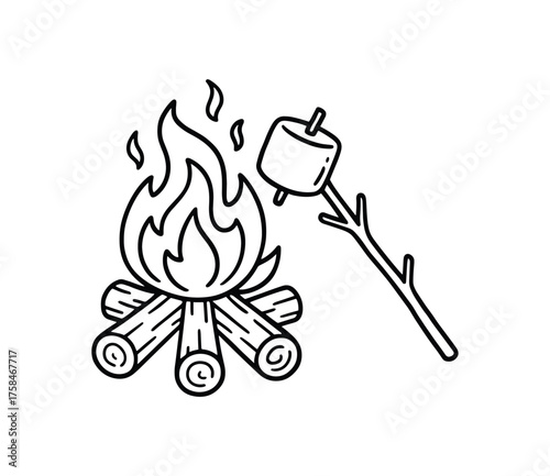 doodle illustration of campfire roasting marshmallow on its own stick clean black and white line art with slightly hand drawn strokes simple and lively style on white background