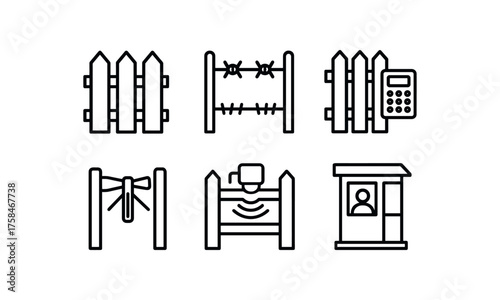 simple outline stroke icon isolated on white background fence privacy slats fence barbed wire topper fence keypad lock fence pedestrian turnstile fence motion sensor fence guard booth