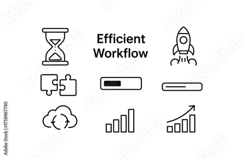 outline vector icon 6 isolated on white background minimal black monochrome style flat vector icon illustration central bold title text Efficient Workflow surrounding icons: hourglass