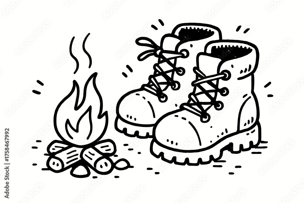 Fototapeta premium doodle illustration of pair of hiking drying by small fire clean black and white line art with slightly hand drawn strokes simple and lively style on white background