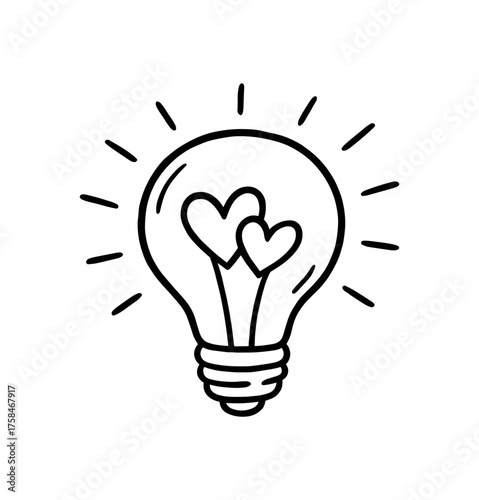 doodle illustration of light bulb glowing with hearts instead of filaments clean black and white line art with slightly hand drawn strokes simple and lively style on white background