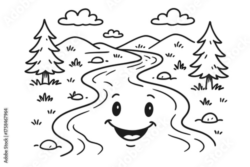 doodle illustration of river shaped like smiling face clean black and white line art with slightly hand drawn strokes simple and lively style on white background