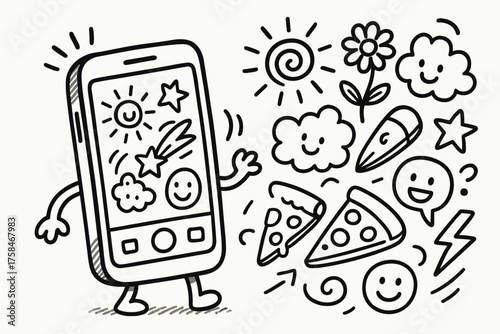 doodle illustration of smartphone taking photo of doodles clean black and white line art with slightly hand drawn strokes simple and lively style on white background