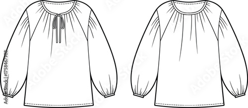 Gathered blouse, technical flat sketch, fashion CAD drawing, front and back view, keyhole neckline, round neckline, voluminous sleeves, garment illustration