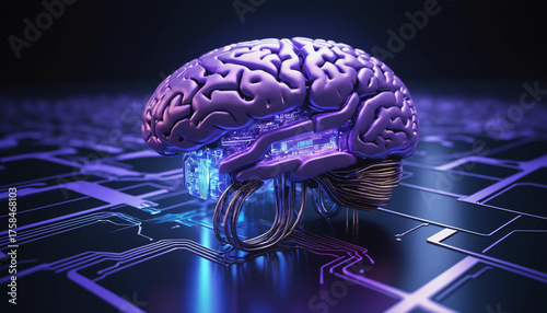 Cerveau lumineux flottant au-dessus d’une puce électronique, symbole d’intelligence artificielle et de technologie futuriste