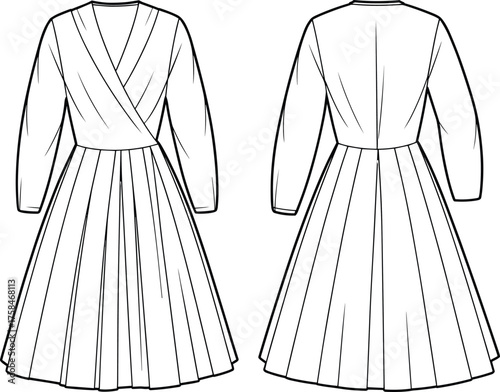 Fashion CAD, technical dress sketch, flat vector illustration, front and back view, pleated skirt, wrap bodice, V-neck, long sleeve, garment construction