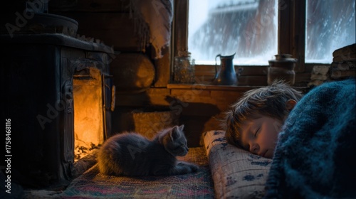 a cozy rural Ukrainian winter scene, a small boy asleep on a woven rug near a warm clay stove, a gray kitten softly purring beside him, gentle