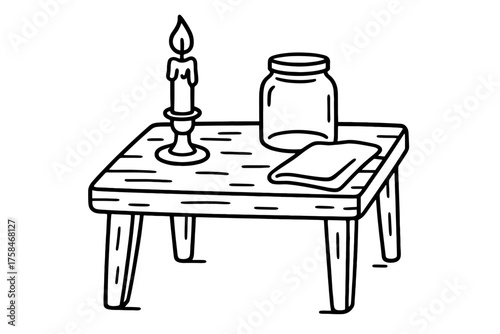 doodle illustration of wooden table with candle jar and cotton napkin clean black and white line art with slightly hand drawn strokes cozy minimal aesthetic style on white background