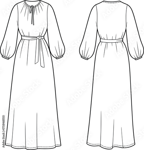 Full-length dress, technical flat sketch, fashion CAD drawing, front and back view, gathered neckline, tie detail, bishop sleeves, waist belt