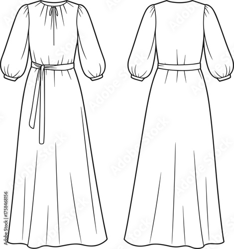 Floor-length dress, technical flat sketch, fashion CAD drawing, front and back view, gathered neckline, tie closure, voluminous sleeves, full skirt