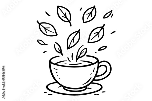 doodle illustration of leaves falling gently into teacup clean black and white line art with slightly hand drawn strokes simple and lively style on white background