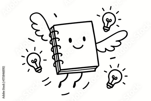 doodle illustration of notebook with tiny wings flying with ideas clean black and white line art with slightly hand drawn strokes simple and lively style on white background