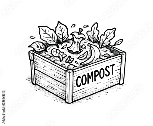 doodle illustration of compost bin with leaves and food scraps inside clean black and white line art with slightly hand drawn strokes realistic gentle style on white background