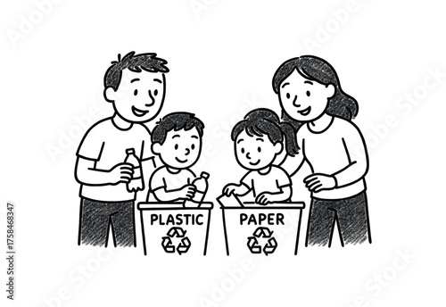 doodle illustration of parents teaching children how to recycle clean black and white line art with slightly hand drawn strokes simple gentle lifestyle style on white background