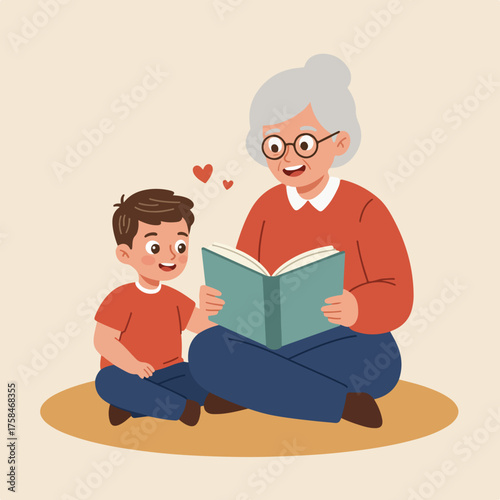 Elderly woman reads to happy boy