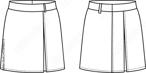 Wrap skirt, pleated skirt, technical flat sketch, fashion CAD drawing, front view, waistband detail, garment construction, minimalist design