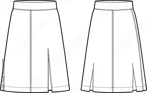 A-line skirt, pleated skirt, technical flat sketch, fashion CAD drawing, front view, slit detail, panel construction, garment illustration