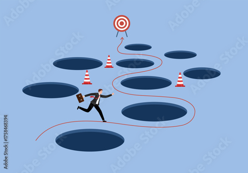 Smart businessman avoid numerous pitfalls to achieving business success. He bravely navigates past mistakes and failures, utilizing his skills and creativity to solve problems and overcome adversity