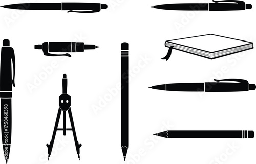 Stationery silhouette icons, pen, pencil, notebook, compass, black vector set, office supplies, school tools, drawing equipment, minimal design