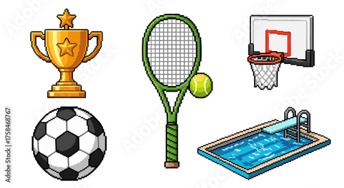 Vector  collection of pixelated sports equipment including a trophy, racket, and basketball hoop
