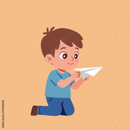 A child kneels, holding a paper airplane ready for flight
