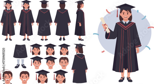 Graduation gown and cap character sheet set graduation, gown, cap, character, sheet, set, female, student, academic, success, celebration, achievement