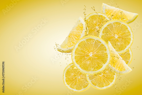 Lemon slices composition with juice splash on yellow background.