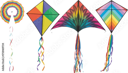 Assorted colorful kites on a white background kite, colorful, diamond, circle, triangle, rainbow, tail, string, pattern, design, flying, toy