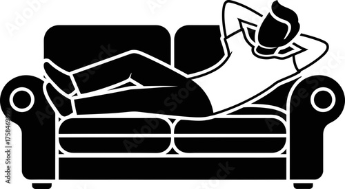 Man relaxing on sofa in flat icon style. Relaxation, comfort, modern lifestyle concept. Vector icon for app, web design, silhouette element