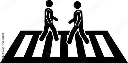Stick figure man crossing roadway on crosswalk. Urban pedestrian safety and traffic rule concept. Simple black and white vector icon