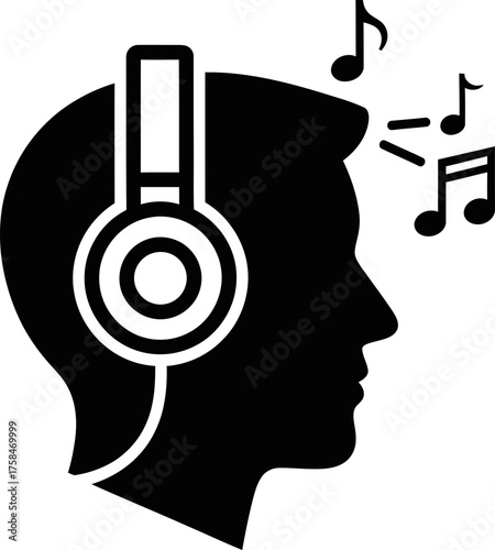 Man head with headphones listening to music, audio, podcast, radio, or audiobook concept. Black and white outline symbol. Vector icon for website, app design