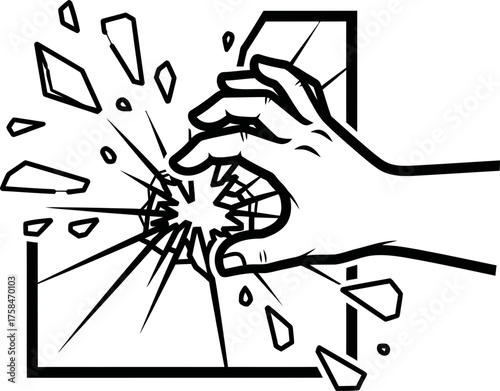 Hand smashing through a pane of glass causing shattered pieces. Aggression and breaking concept. Black and white vector illustration