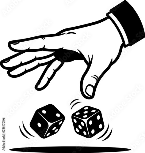 Hand throwing two dice. Gambling, casino, luck concept. Monochrome vector illustration for game ui, banner, poster, sticker, icon