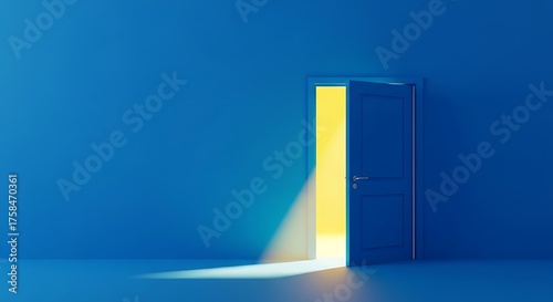 Open door emitting bright light against blue background