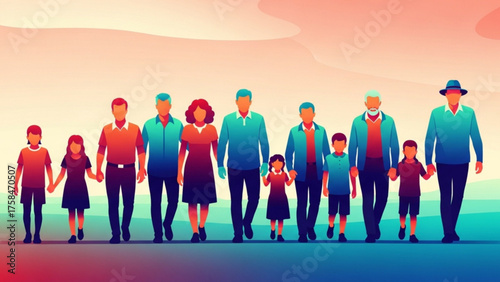 Diverse family walking together in unity, representing generations and connection with vibrant colors, symbolizing togetherness and support.