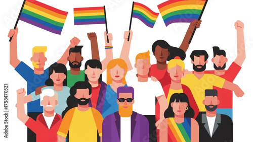 Diverse group of people celebrating pride holding rainbow flags and raising fists in the air at a parade showing support and solidarity for LGBTQ rights.