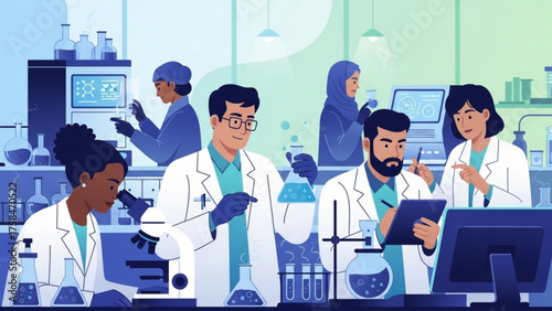 Diverse team of scientists conducting experiments in modern laboratory with advanced equipment and collaborative spirit, representing innovation and discovery.