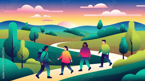 Group of diverse friends hiking along winding path through lush green hills at sunset, enjoying nature and camaraderie on a peaceful journey.